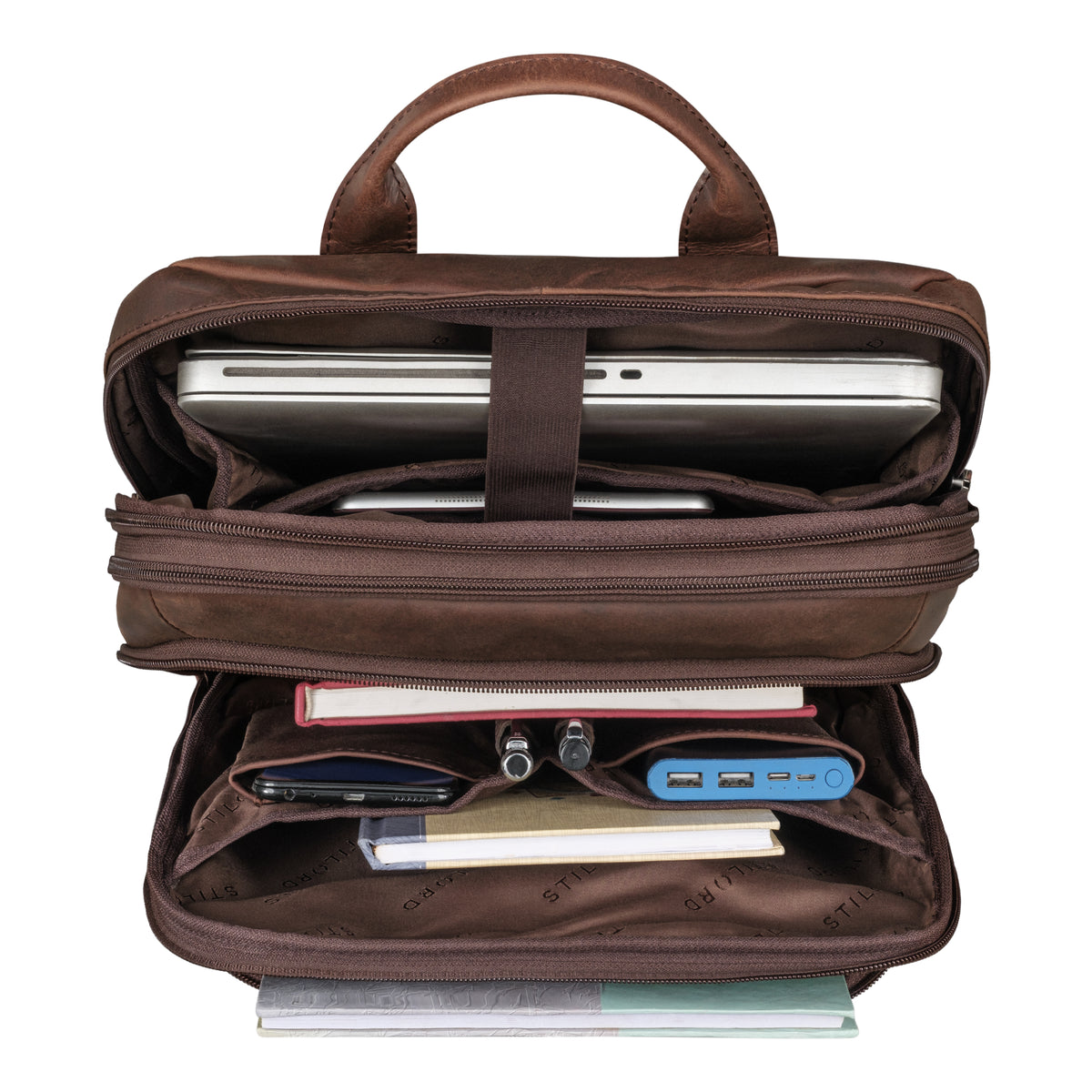 Schmaler Laptoprucksack Braun im gefüllten Zustand