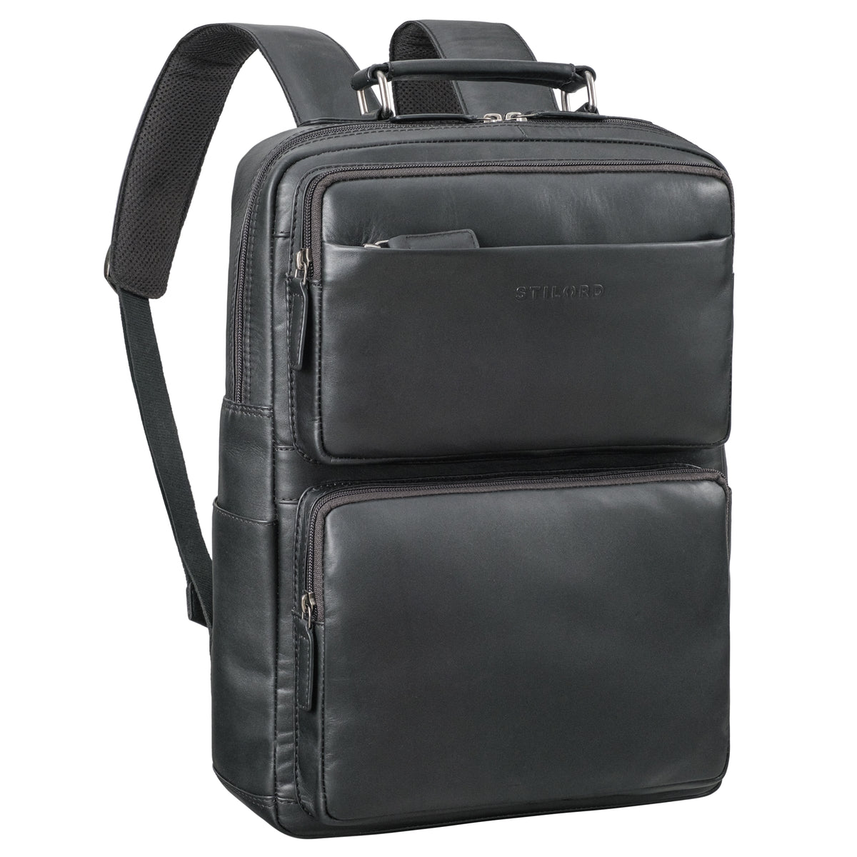 Großer Laptoprucksack schwarz aus der schrägen Frontalperspektive