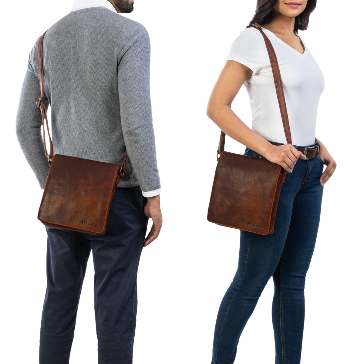 Brown vertical leather messenger bag worn crossbody by man and woman