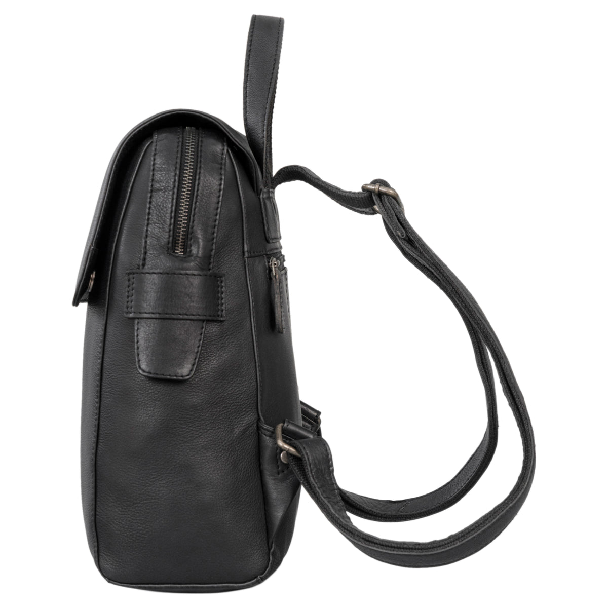 Daypack Leder in schwarz mit Reißverschlussfächern und Umschlag