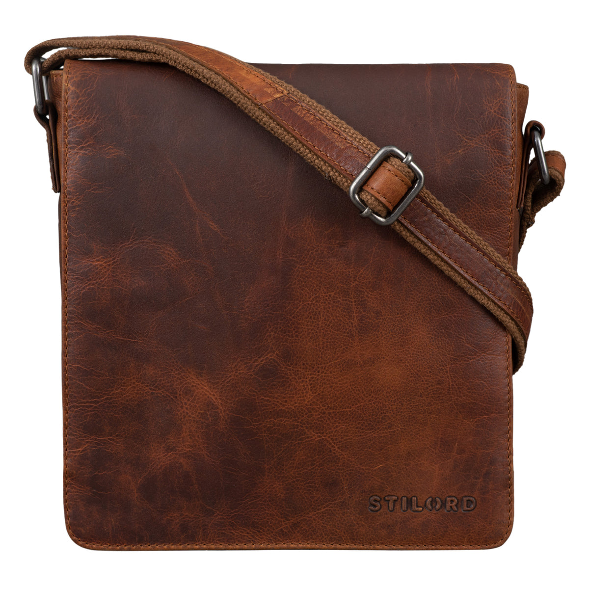 Small brown leather messenger bag in brown front view with shoulder strap