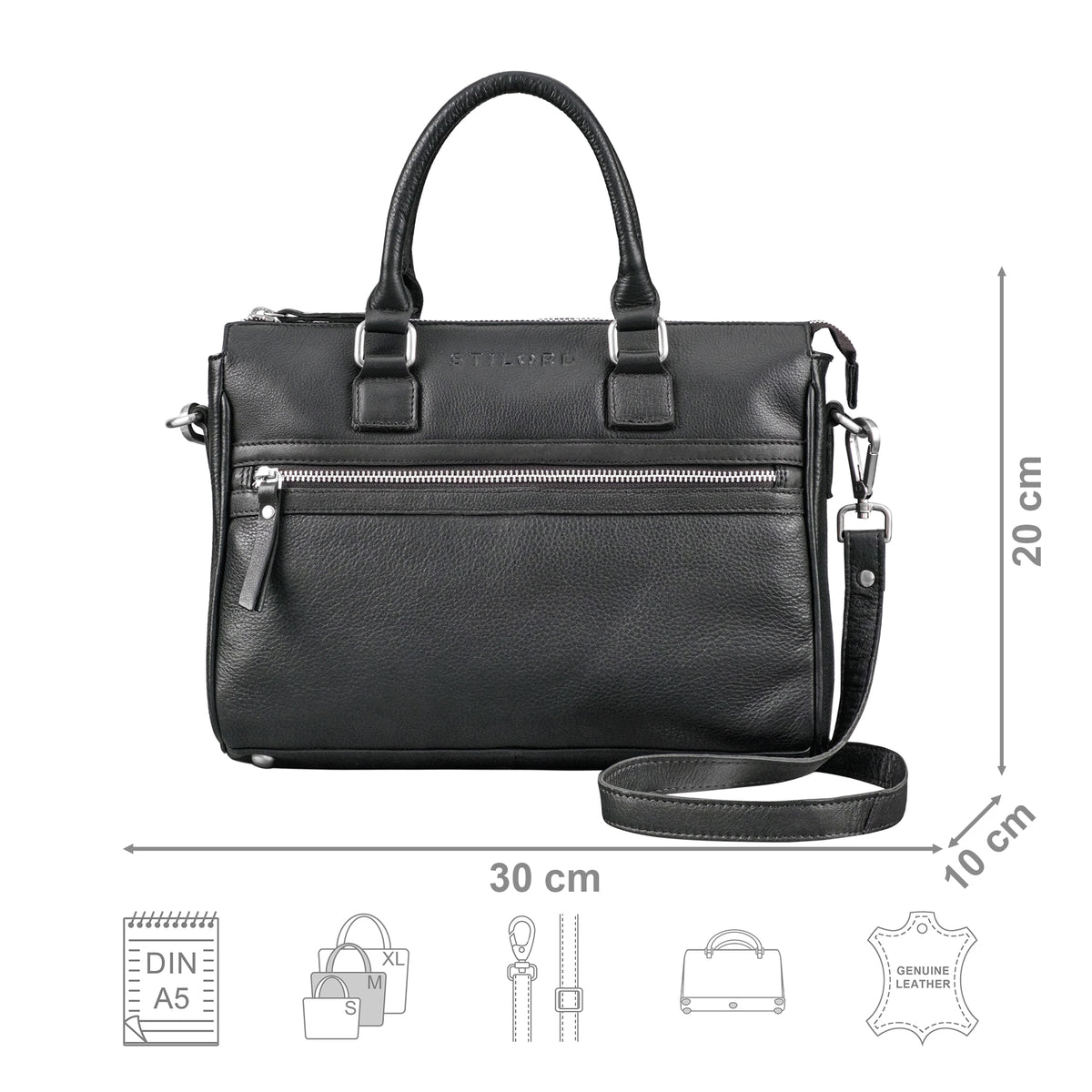 Henkeltasche Leder schwarz mit Größenangaben und USP Icons