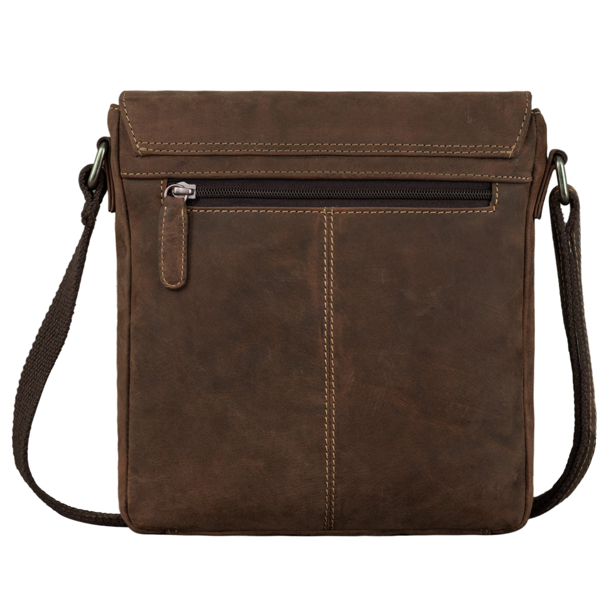 Brown vertical leather shoulder bag with rear zip pocket