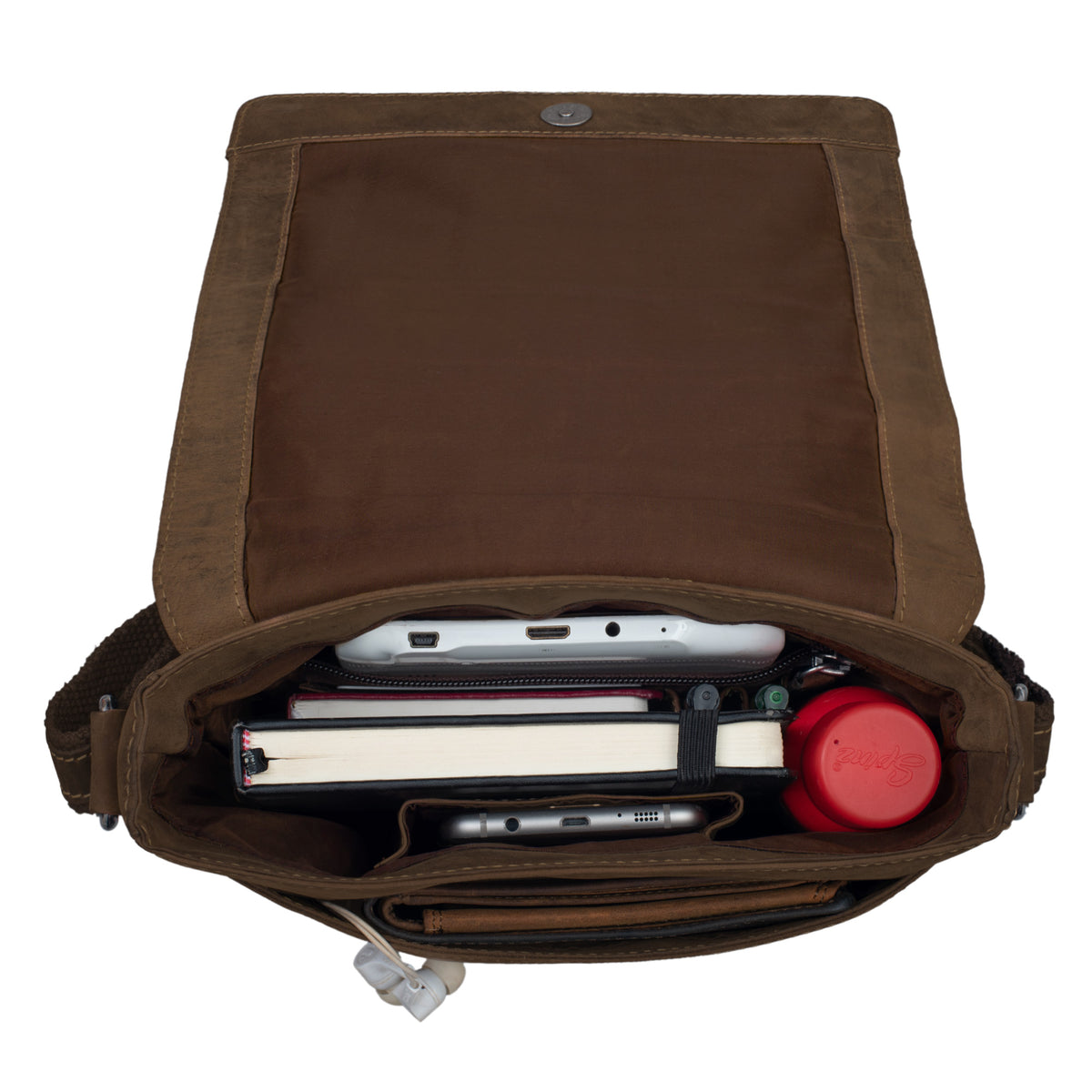 Open brown leather messenger bag from above with filled compartments