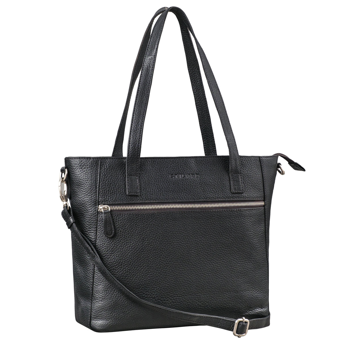 Henkeltasche Leder schwarz aus der schrägen Frontalperspektive