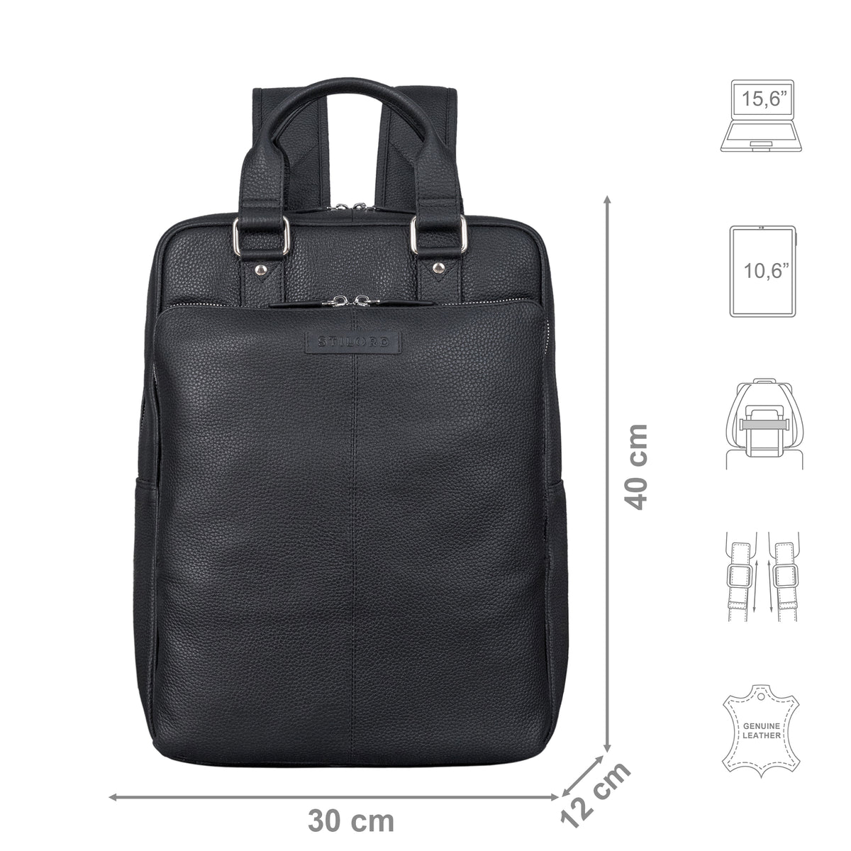 Rucksack Leder Schwarz mit Größenangaben und zusätzlichen Icons