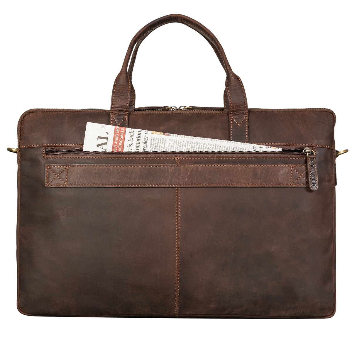 Vintage Leder Aktentasche braun mit hinterem Reißverschlussfach und Trolleyhalterung