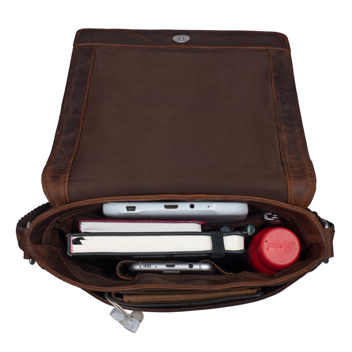 Open brown leather messenger bag vertical with filled compartments top view