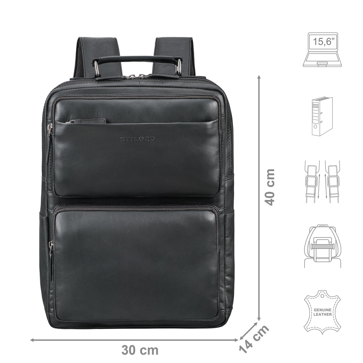 Lederrucksack schwarz mit Größenangaben und zusätzlichen USP Icons