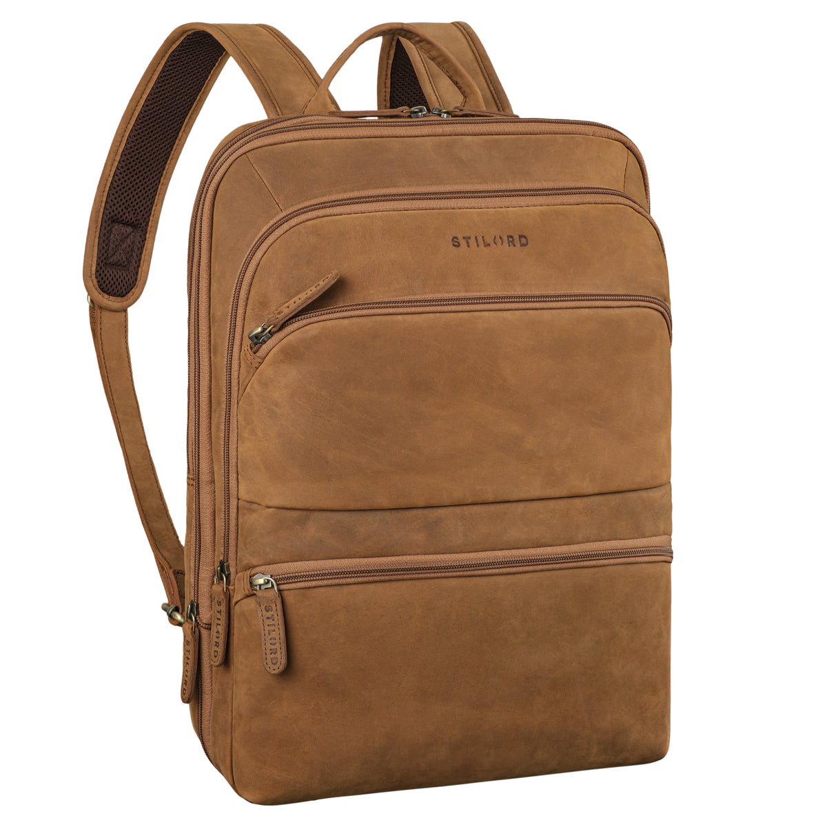 Großer Laptoprucksack braun aus der schrägen Frontalperspektive
