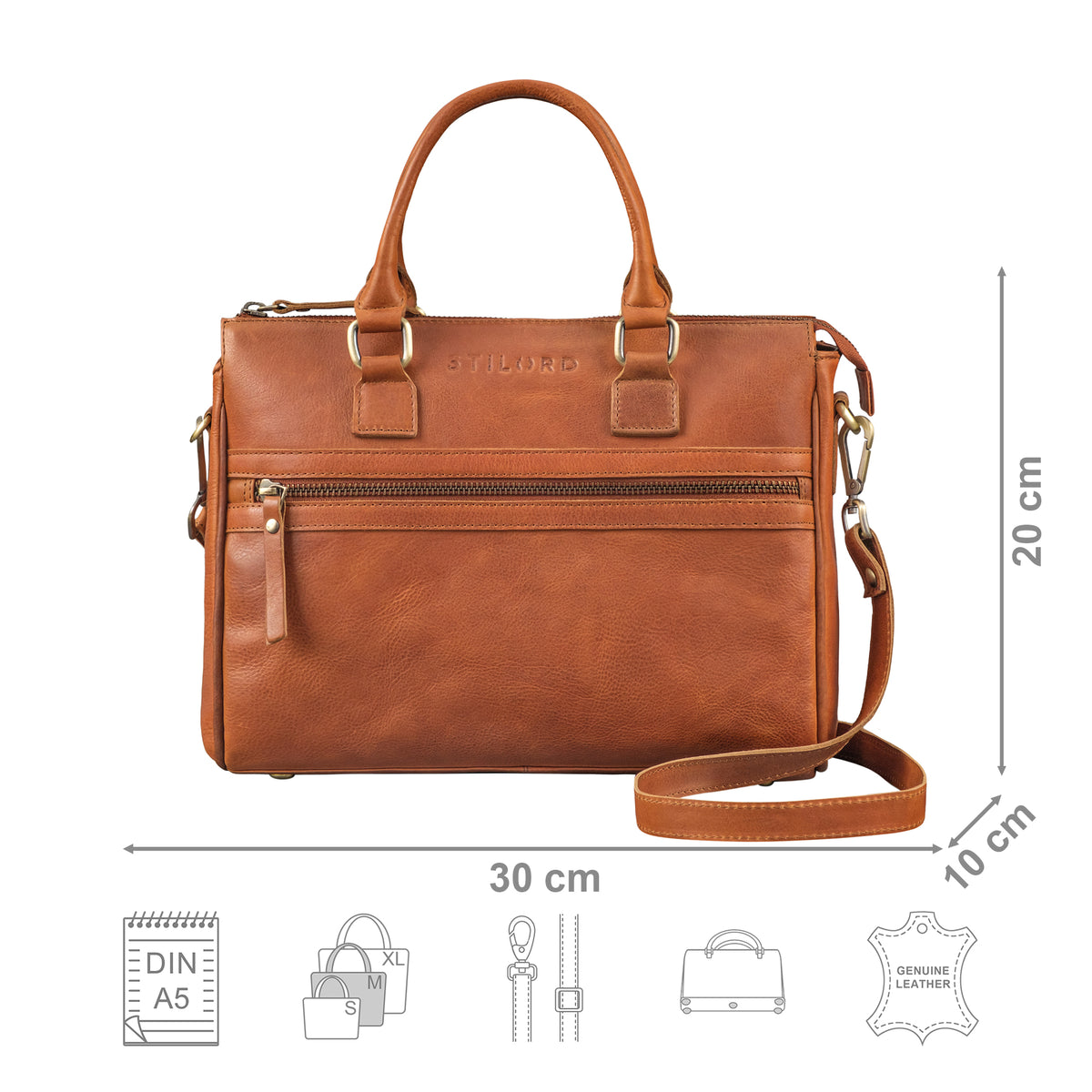 Henkeltasche Leder braun mit Größenangaben und USP Icons