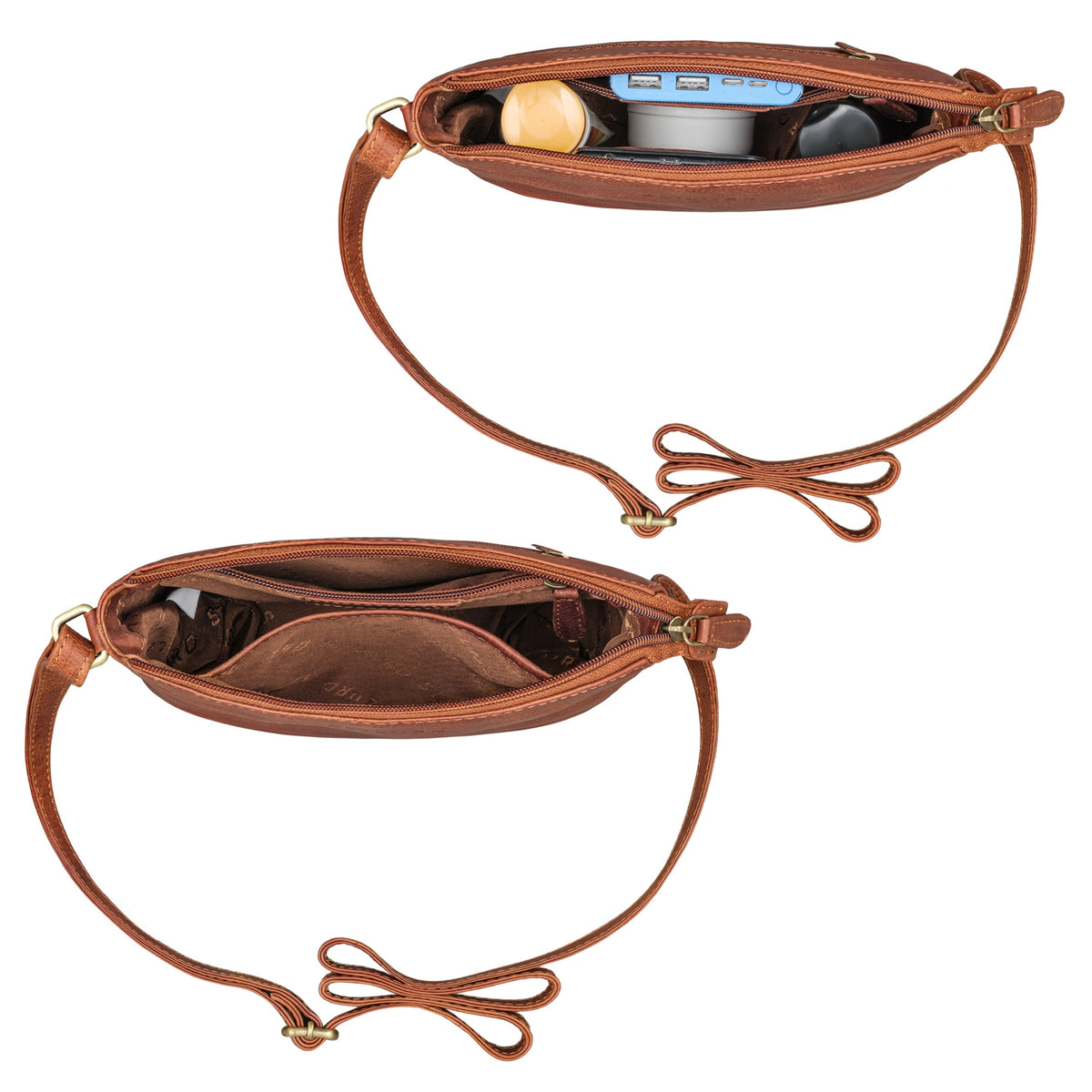 Handtasche Leder cognac im gefüllten und leeren Zustand aus der Draufsicht