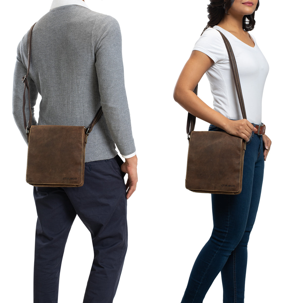 Brown vertical leather shoulder bag on man and woman worn crossbody and at the side
