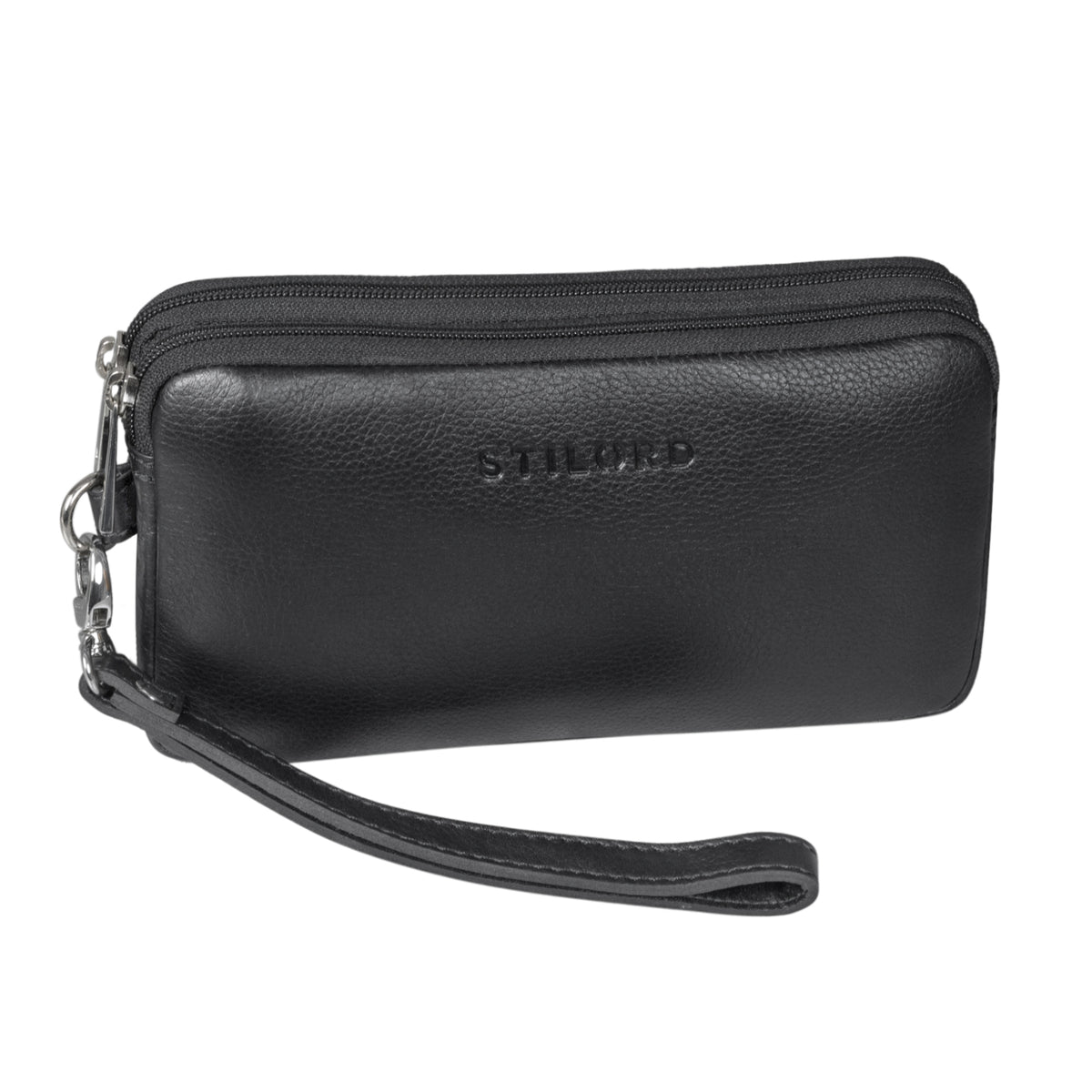 Schwarze Lederhandgelenktasche kompakt