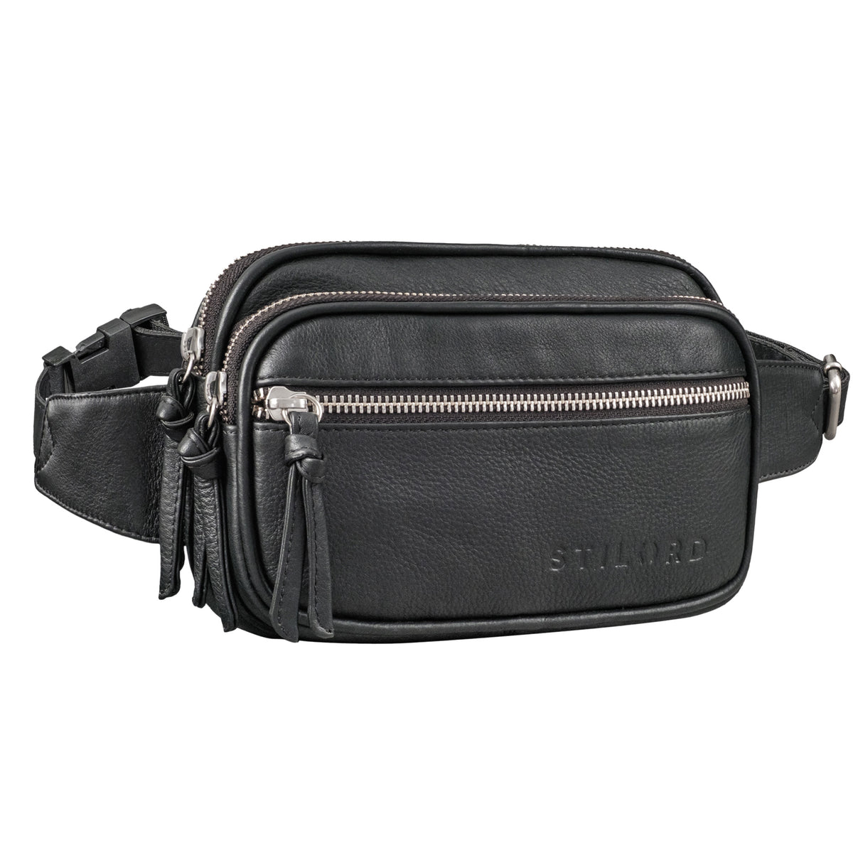 Bauchtasche oder Gürteltasche mit zwei Hauptfächern für Damen Schwarz
