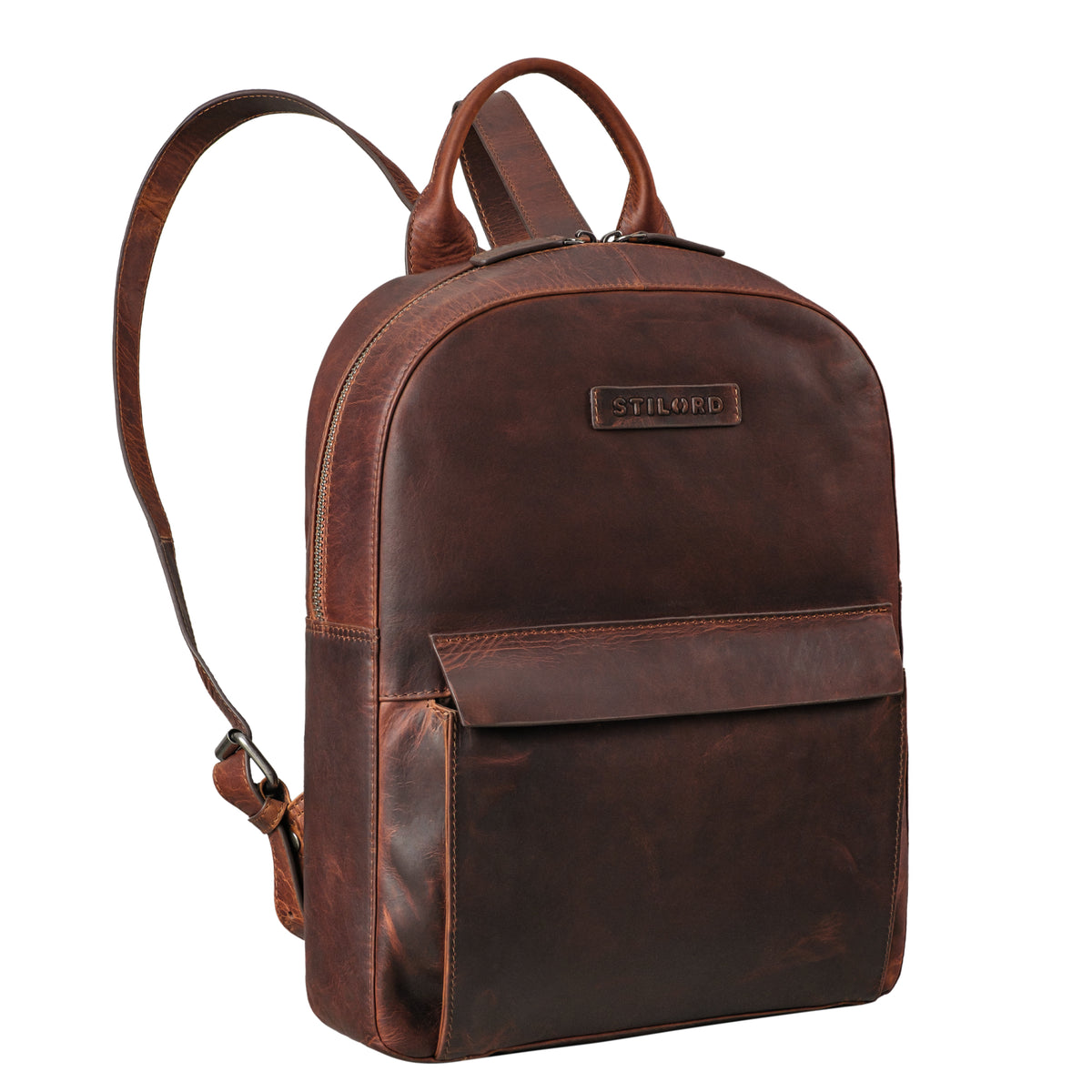 Lederrucksack Damen Cognac mit langen Schultergurten aus der schrägen Frontalperspektive