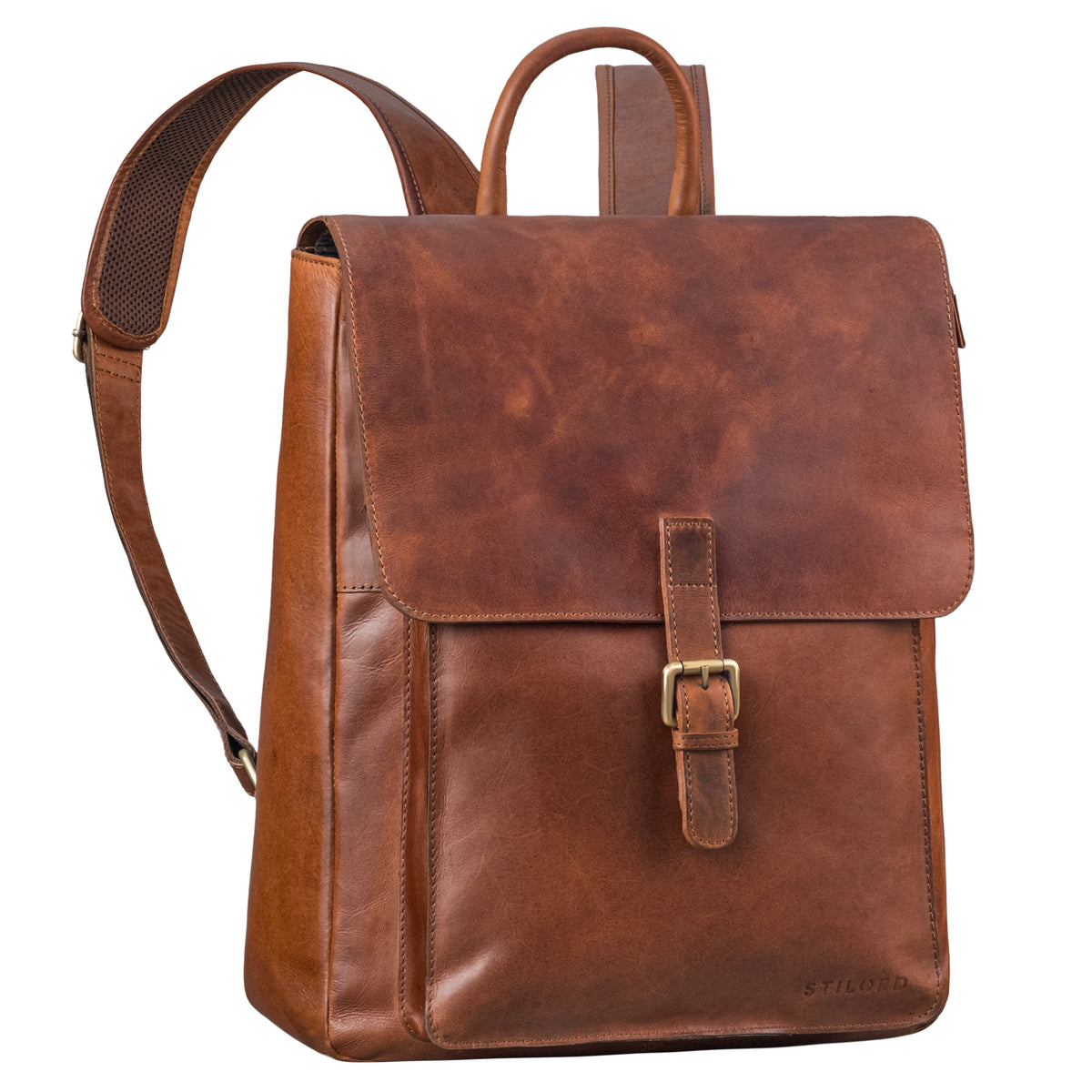 Großer Vintage Echt Lederrucksack Damen mit vielen Fächern und Laptopfach 15.6 Zoll cognac