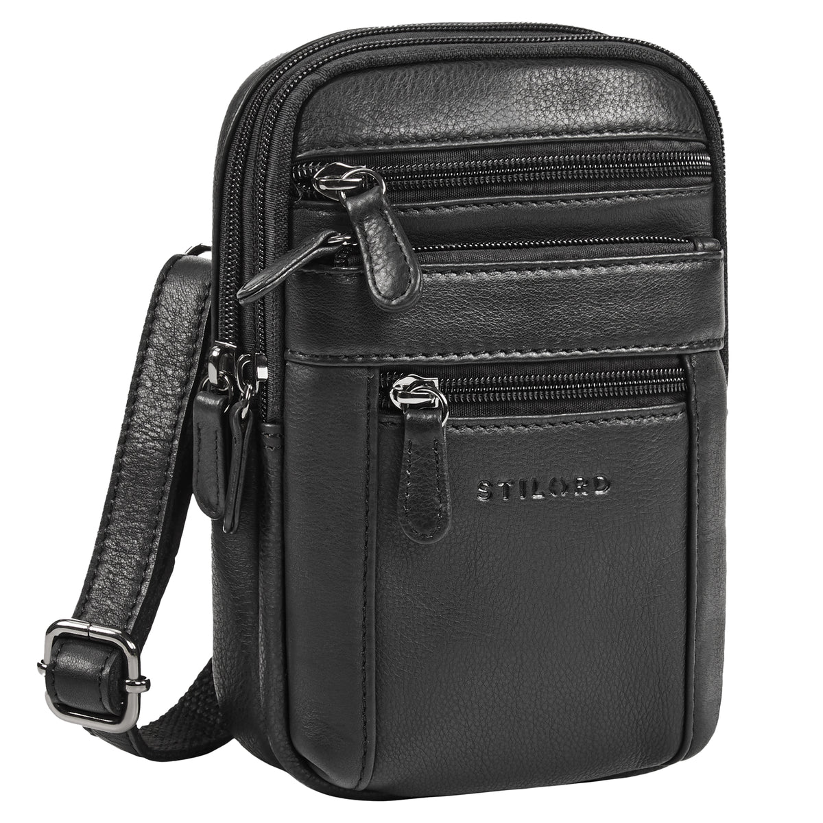 Multifunktionale 4-in-1 Kleine Ledertasche Herren Schwarz - Umhängetasche, Gürteltasche, Brusttasche oder mit Karabiner befestigbar
