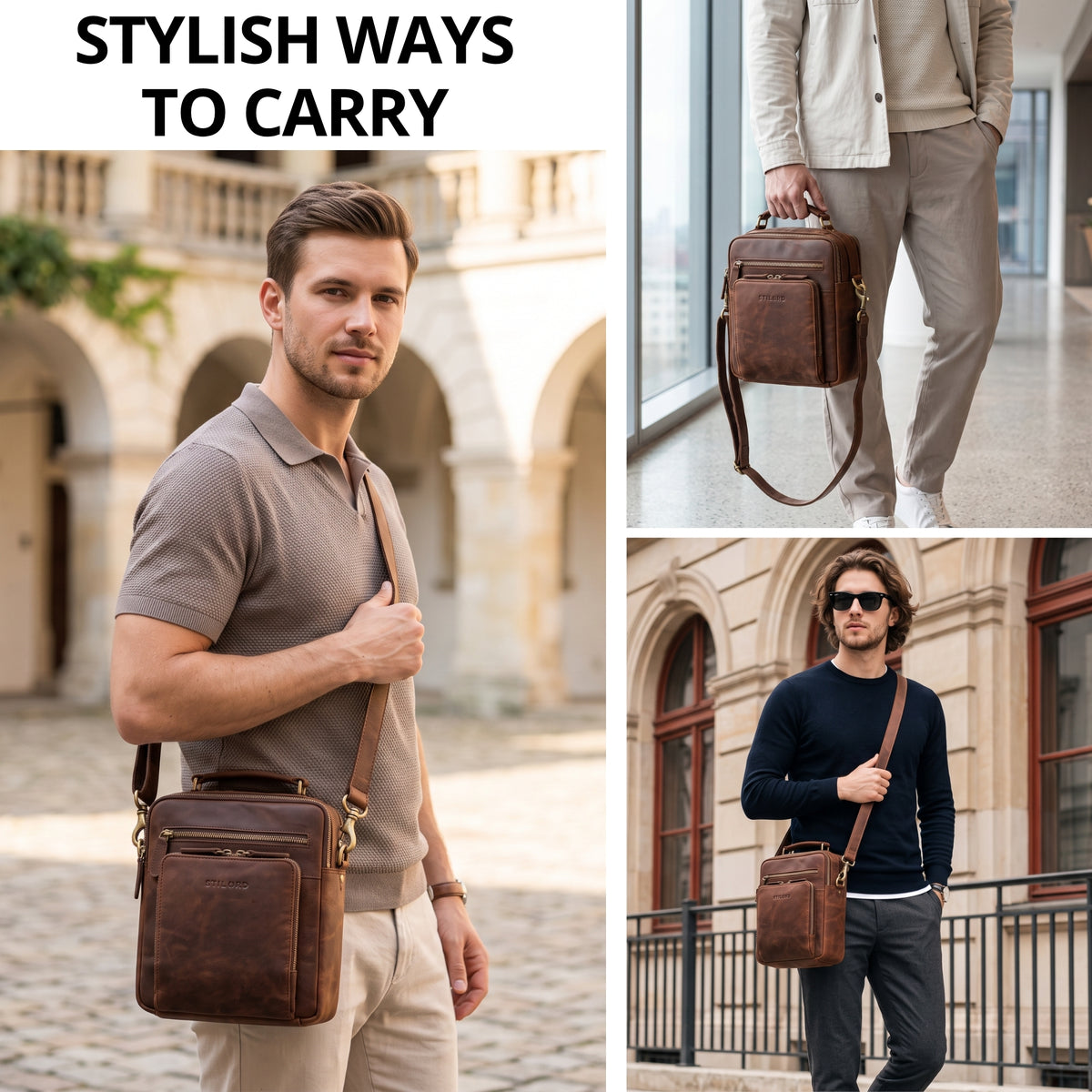 Small brown leather crossbody bag with top handle and adjustable strap, fits 10.1 inch tablet and A5 documents