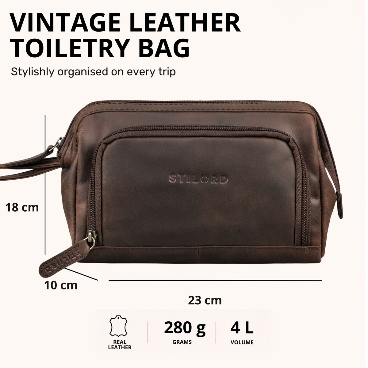 Kosmetiktasche aus echtem Leder in zamora braun, frontal mit geprägtem STILORD-Logo und Maßen sichtbar