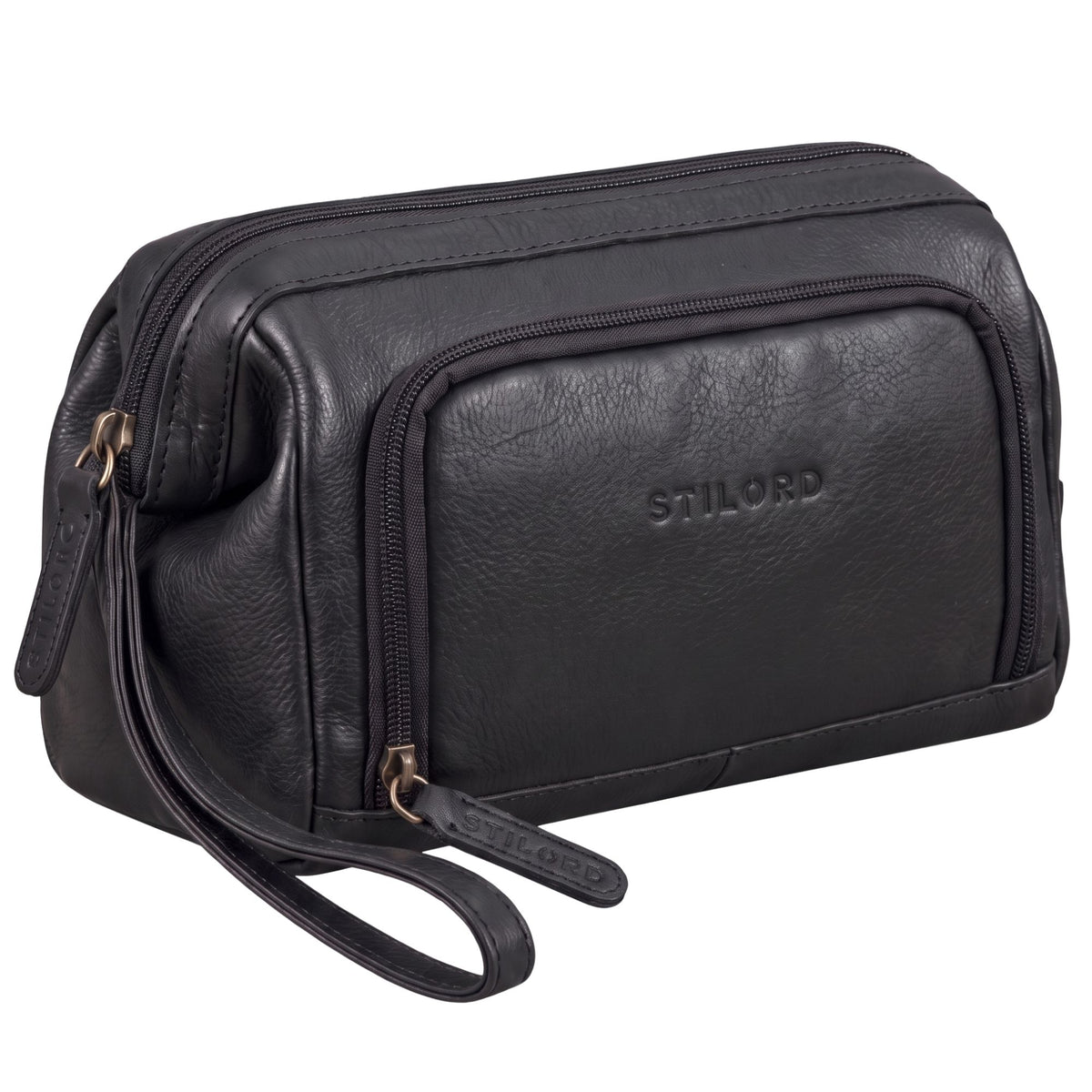 Schwarze Leder-Kosmetiktasche, unisex, frontale Detailansicht mit geprägtem STILORD-Logo, Reißverschlüsse und Handschlaufe sichtbar
