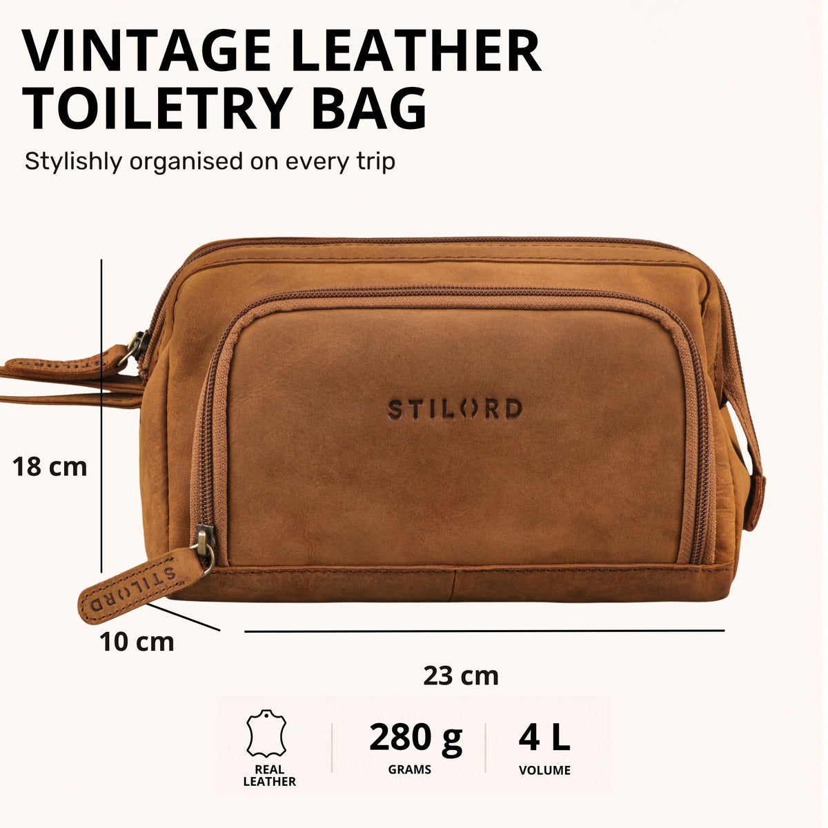 Kosmetiktasche aus echtem Leder in tan, Frontansicht mit STILORD-Prägung und Maßangaben 23 x 10 x 18 cm