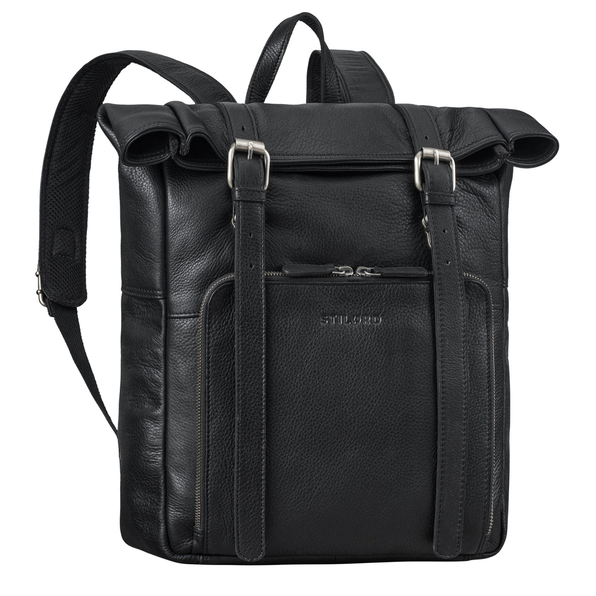 leder rucksack rolltop laptop damen schwarz