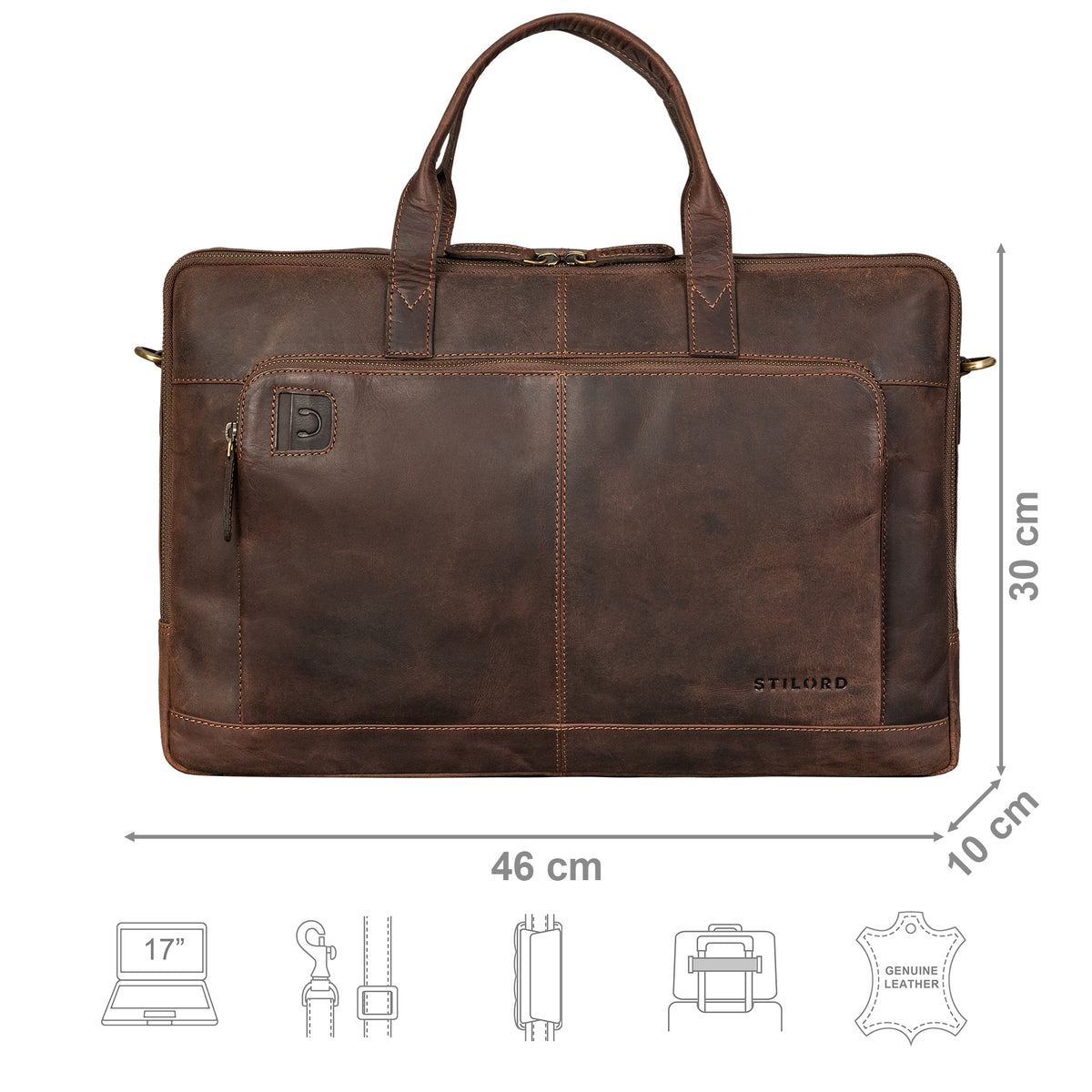 Aktentasche Leder braun mit Größenangaben und zusätzlichen Merkmal Icons