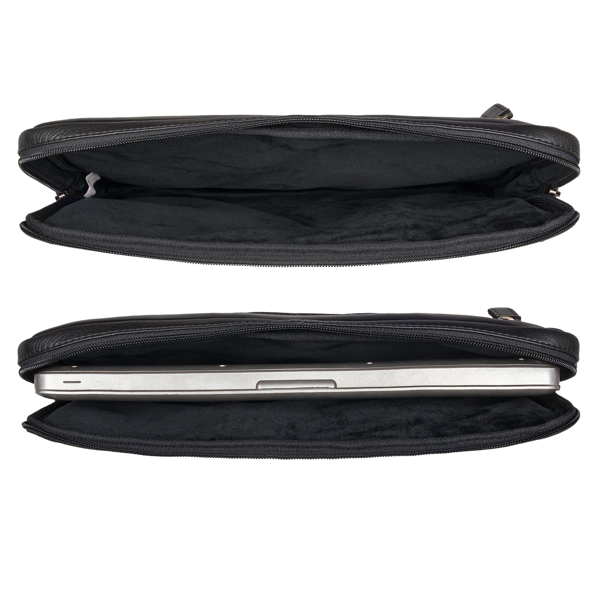 Laptoptasche Leder schwarz im leeren und gefüllten Zustand aus der Draufsicht