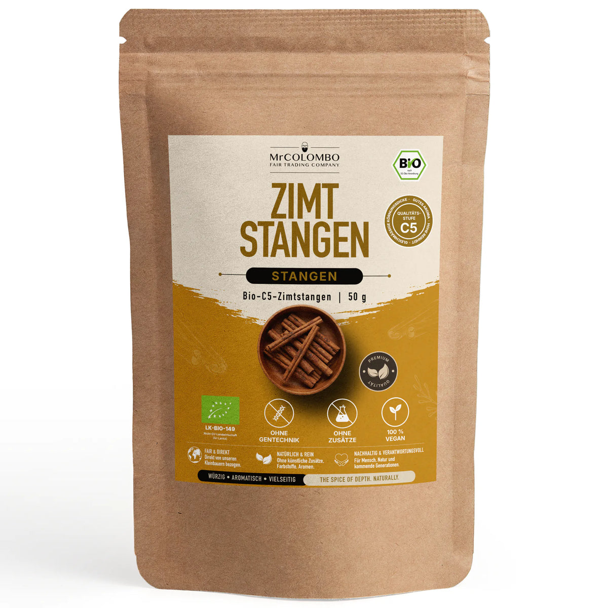 Bio C5 Zimtstangen aus Sri Lanka im MrCOLOMBO Papierbeutel auf weißem Hintergrund - 50 g