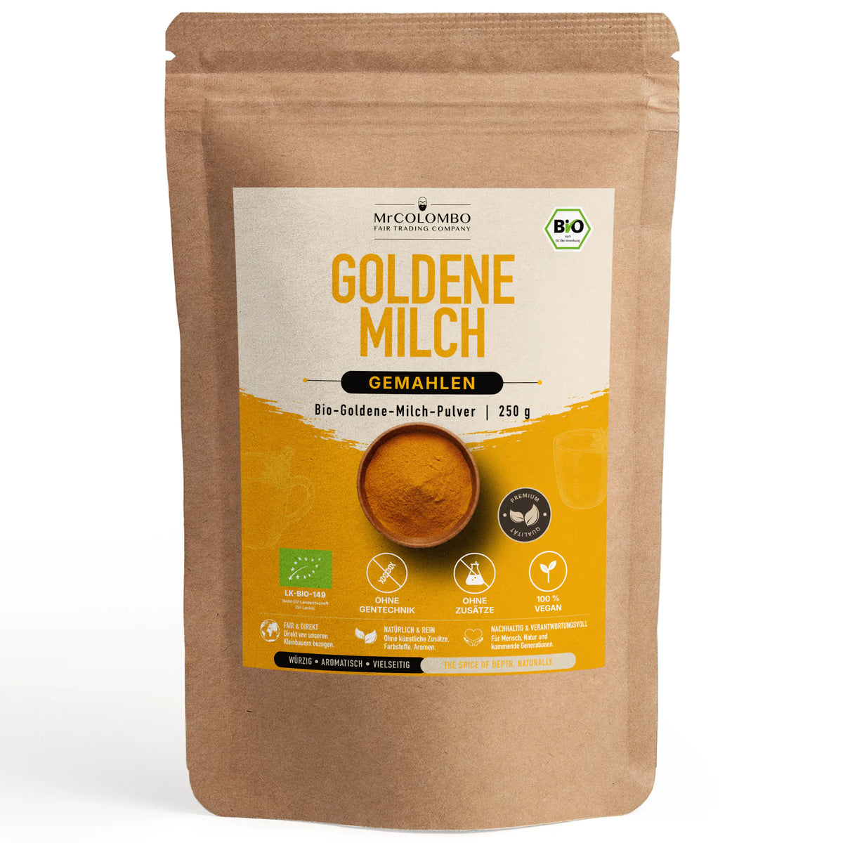 Leche dorada ecológica en polvo de Sri Lanka en la bolsa de papel MrCOLOMBO sobre fondo blanco - 250 g