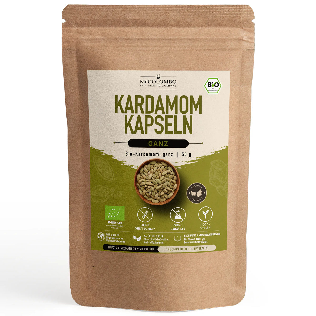 Bio Kardamom Kapseln ganz aus Sri Lanka im MrCOLOMBO Papierbeutel auf weißem Hintergrund - 50 g