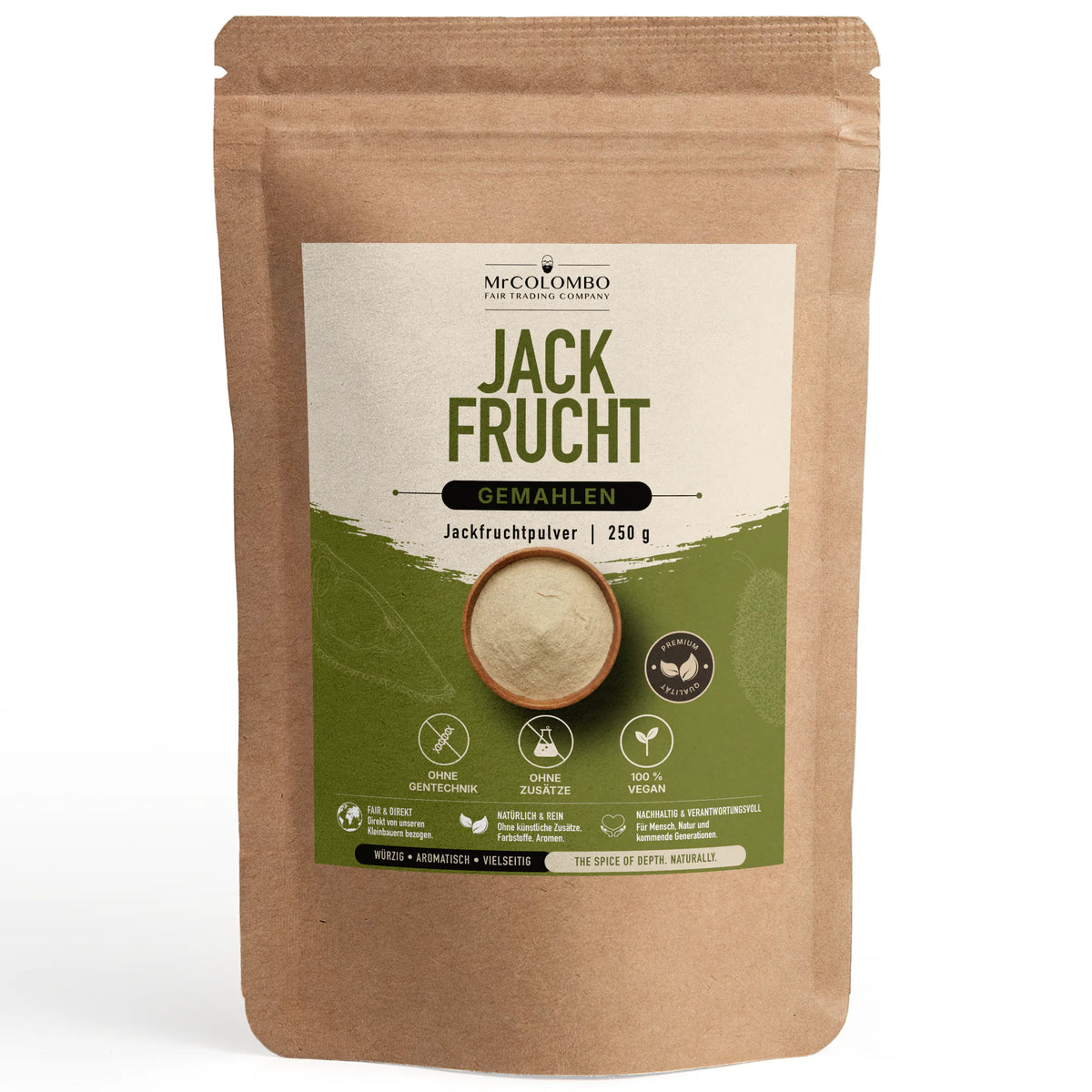 Jackfrucht Pulver aus Sri Lanka im MrCOLOMBO Papierbeutel auf weißem Hintergrund - 250 g