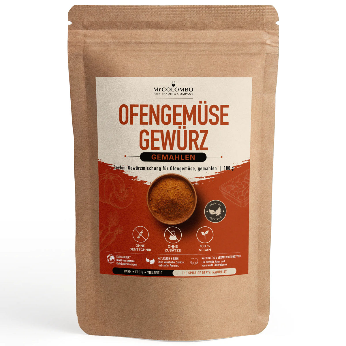 Épices Ceylan pour légumes du Sri Lanka dans le sachet papier MrCOLOMBO sur fond blanc - 100 g