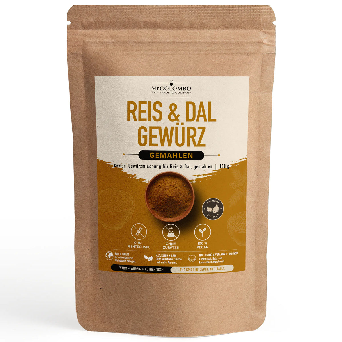 Especias Ceilán para arroz y lentejas de Sri Lanka en la bolsa de papel MrCOLOMBO sobre fondo blanco - 100 g