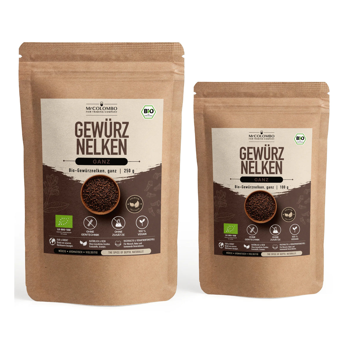 Bio-Gewürznelken ganz aus Sri Lanka - alle Packungsgrößen 100 g und 250 g gemeinsam auf weißem Hintergrund