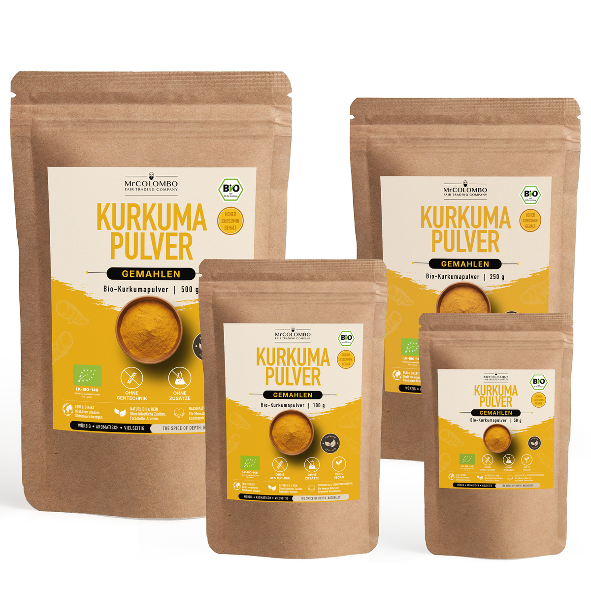 MrCOLOMBO Bio-Kurkumapulver in 50 g, 100 g, 250 g und 500 g nebeneinander