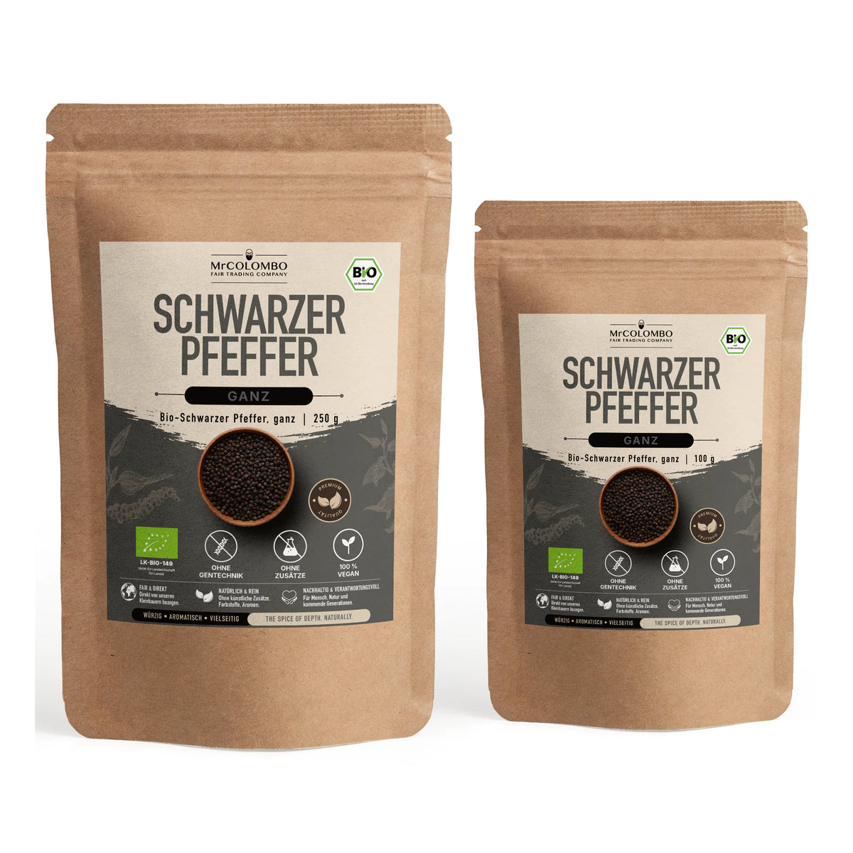 Bio-Schwarzer Pfeffer ganz aus Sri Lanka - alle Packungsgrößen 100 g und 250 g gemeinsam auf weißem Hintergrund