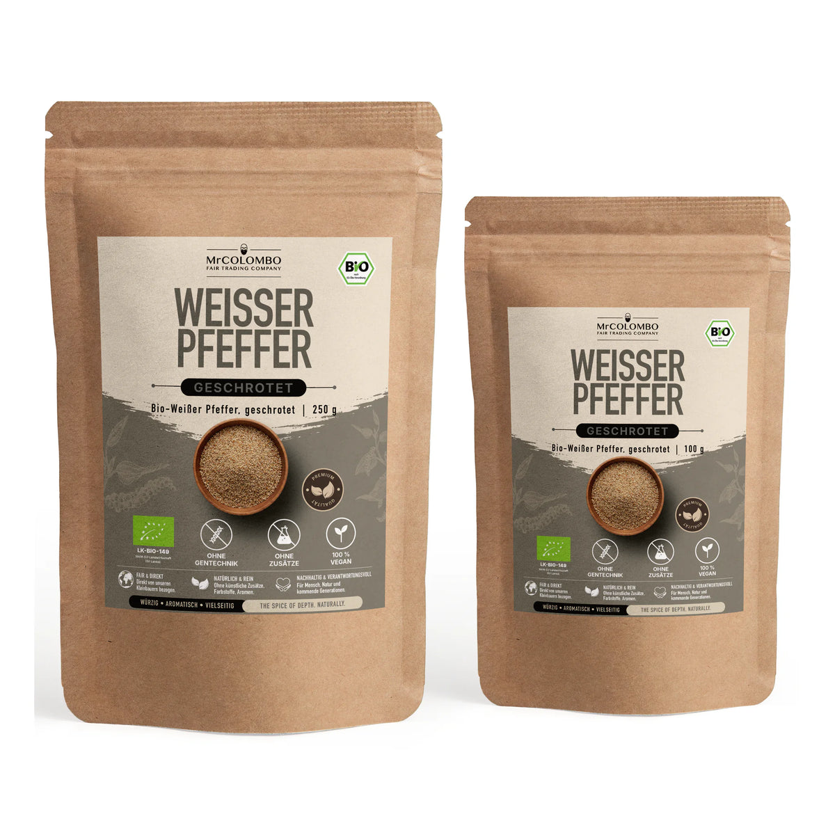 Organic cracked white pepper from Sri Lanka - all pack sizes 100 g and 250 g together on a white background