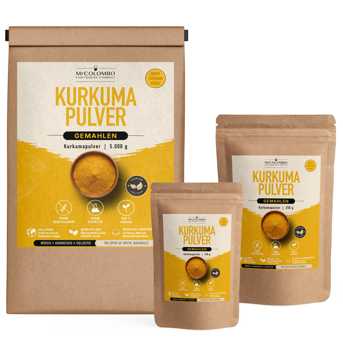 Kurkuma Pulver aus Sri Lanka - Single Origin - alle Packungsgrößen 100 g, 250 g und 5 kg gemeinsam auf weißem Hintergrund