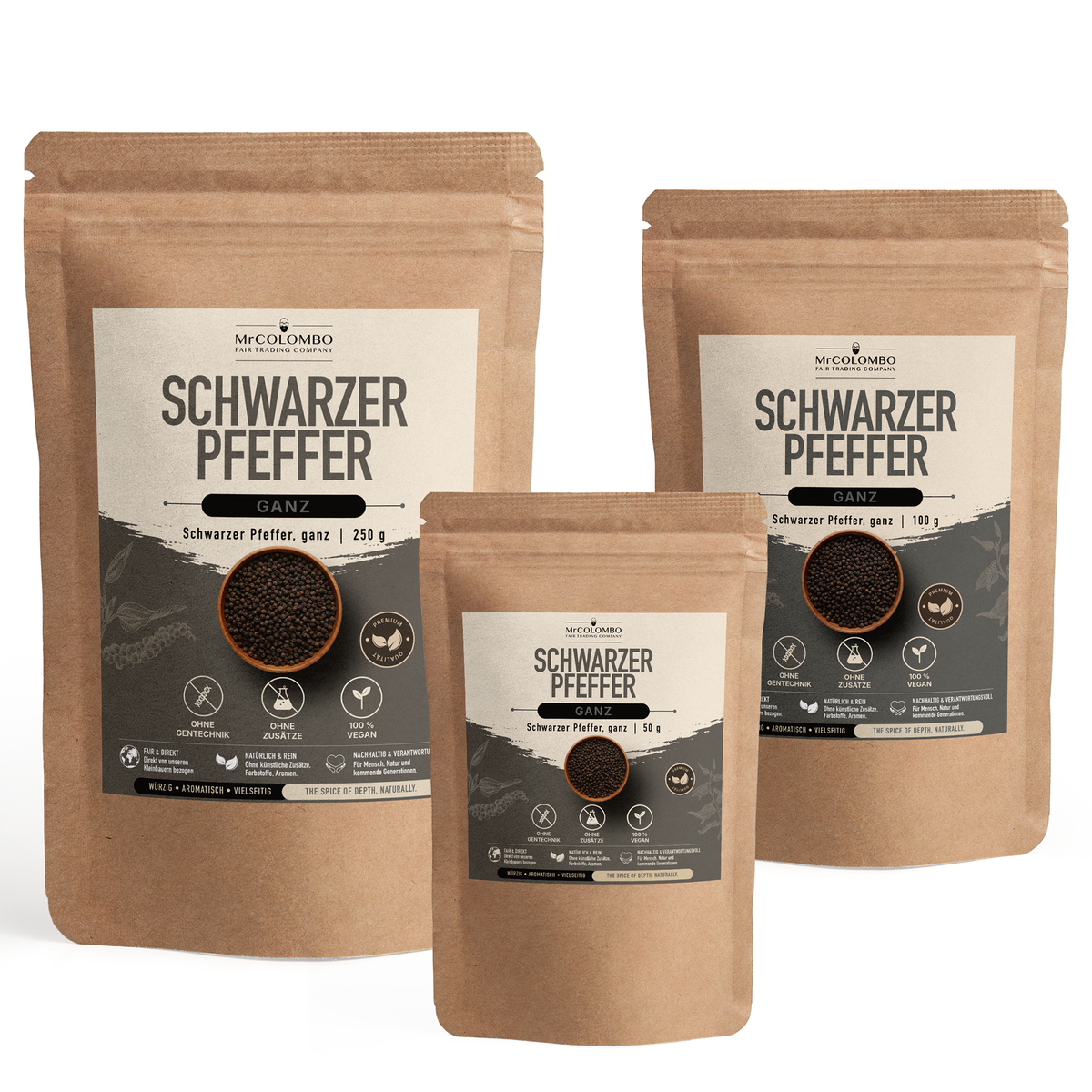 MrCOLOMBO Schwarzer Pfeffer ganz in 50 g, 100 g und 250 g nebeneinander