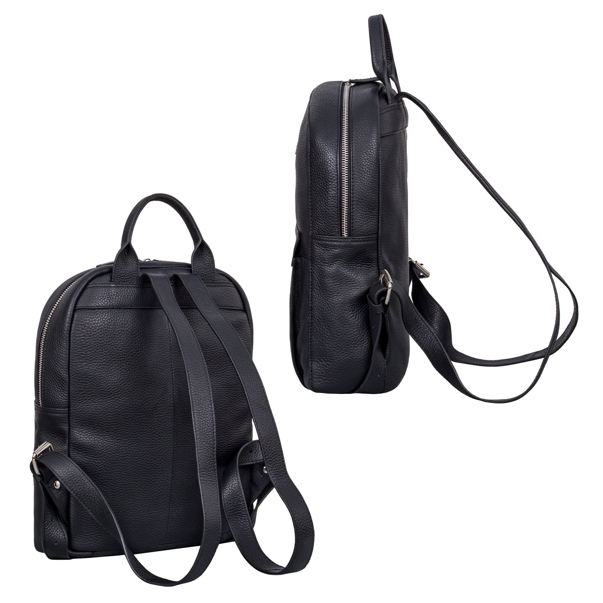 Rucksack Damen Schwarz aus Echtleder in der seitlichen und hinteren Darstellung