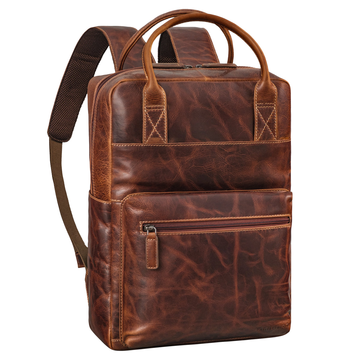 Großer Damen und Herren Business Lederrucksack mit Henkel mit Laptop-Fach 16 Zoll salerno braun
