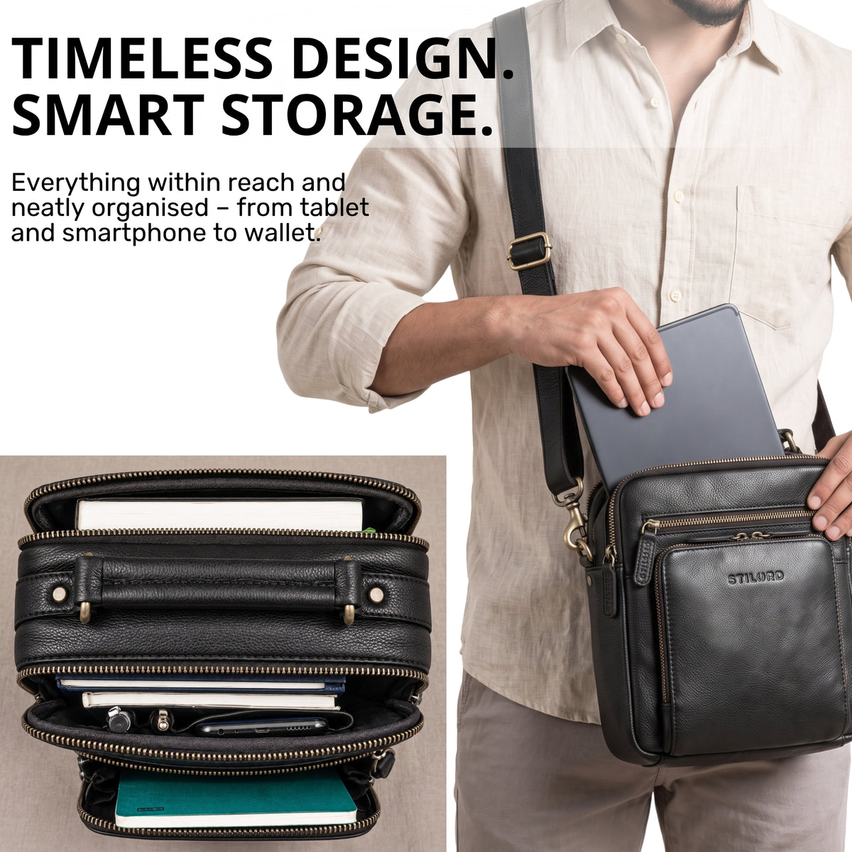 Small black leather crossbody bag with top handle, man sliding 10.1 inch tablet into main compartment, interior pockets and STILORD embossing visible