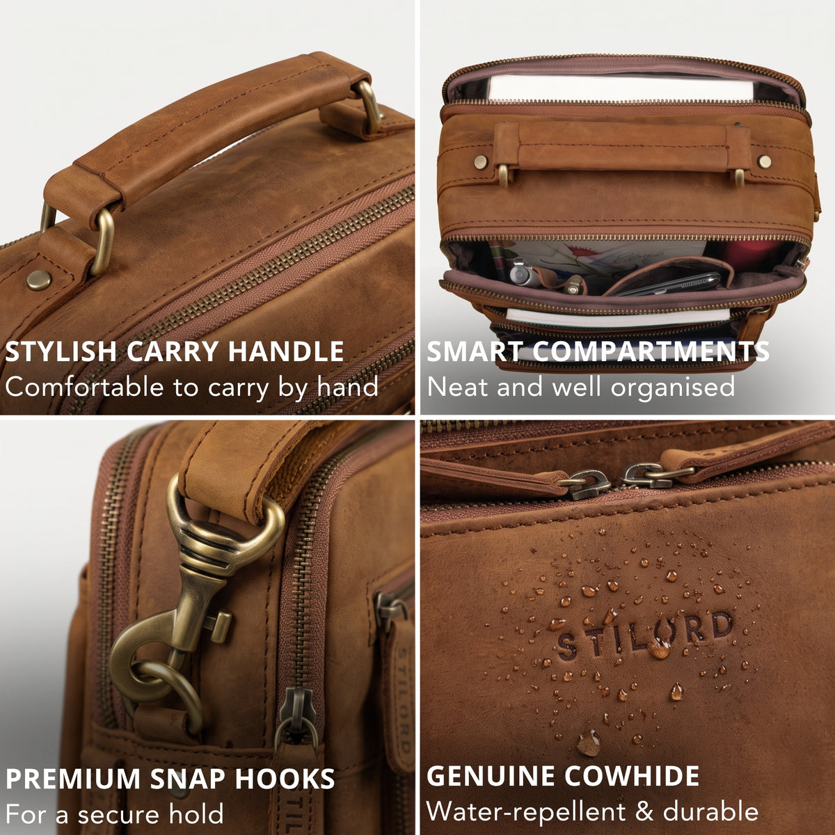 Close-up of small tan leather crossbody bag showing carry handle, organised compartments, snap hook and embossed logo with water droplets