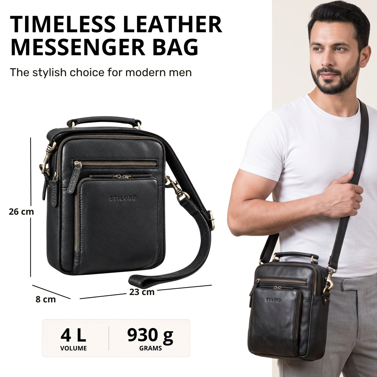Small black leather shoulder bag with handle, front view, visible STILORD embossing, fits 10.1 inch tablet