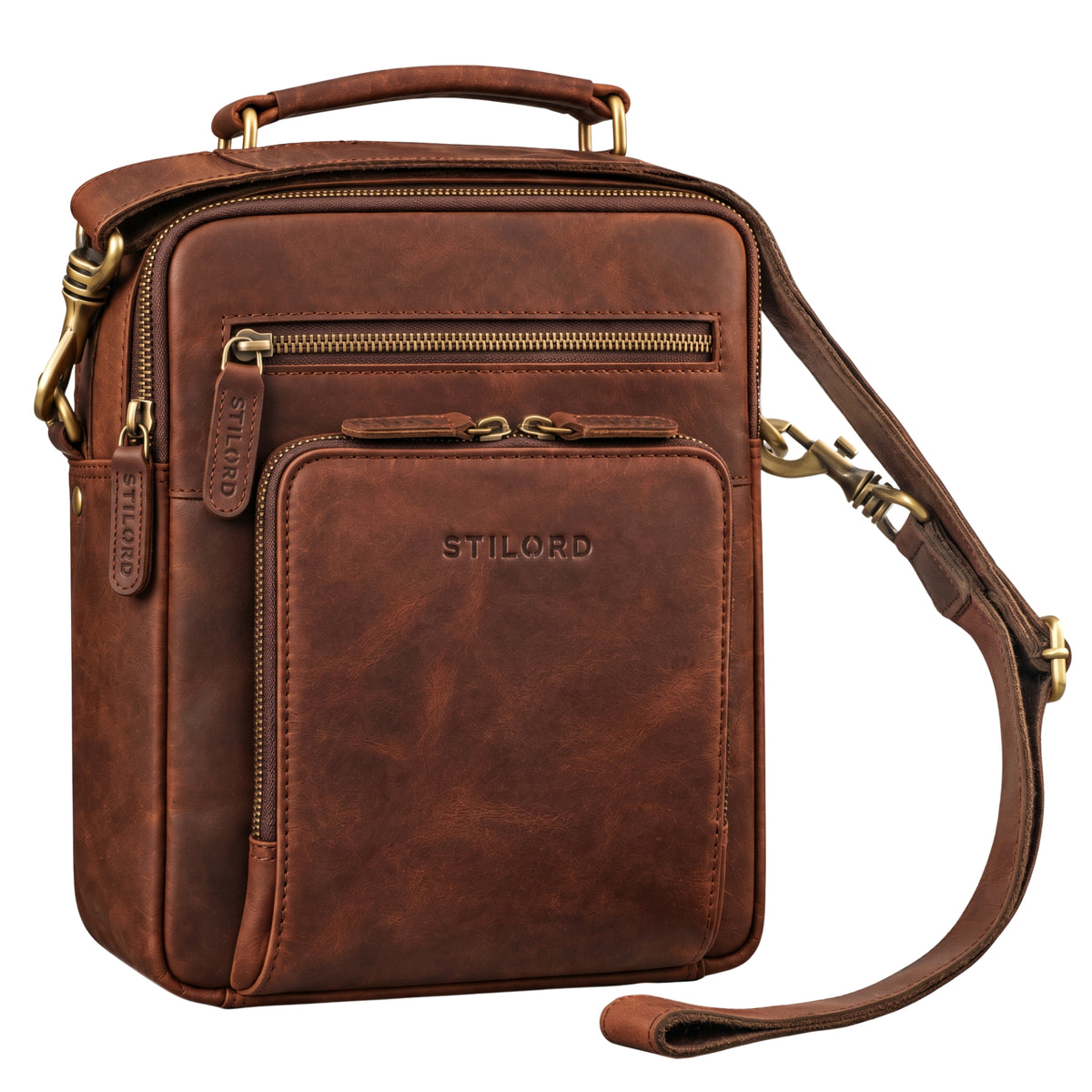Small brown leather shoulder bag zamora, front view with top handle, detachable shoulder strap and embossed STILORD logo