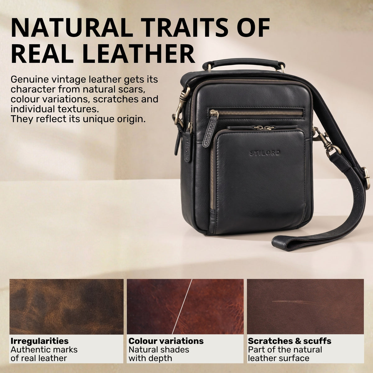 Small men's shoulder bag in black genuine leather, front view with top handle, adjustable strap, front pocket and visible STILORD embossing, fits 10.1-inch tablet