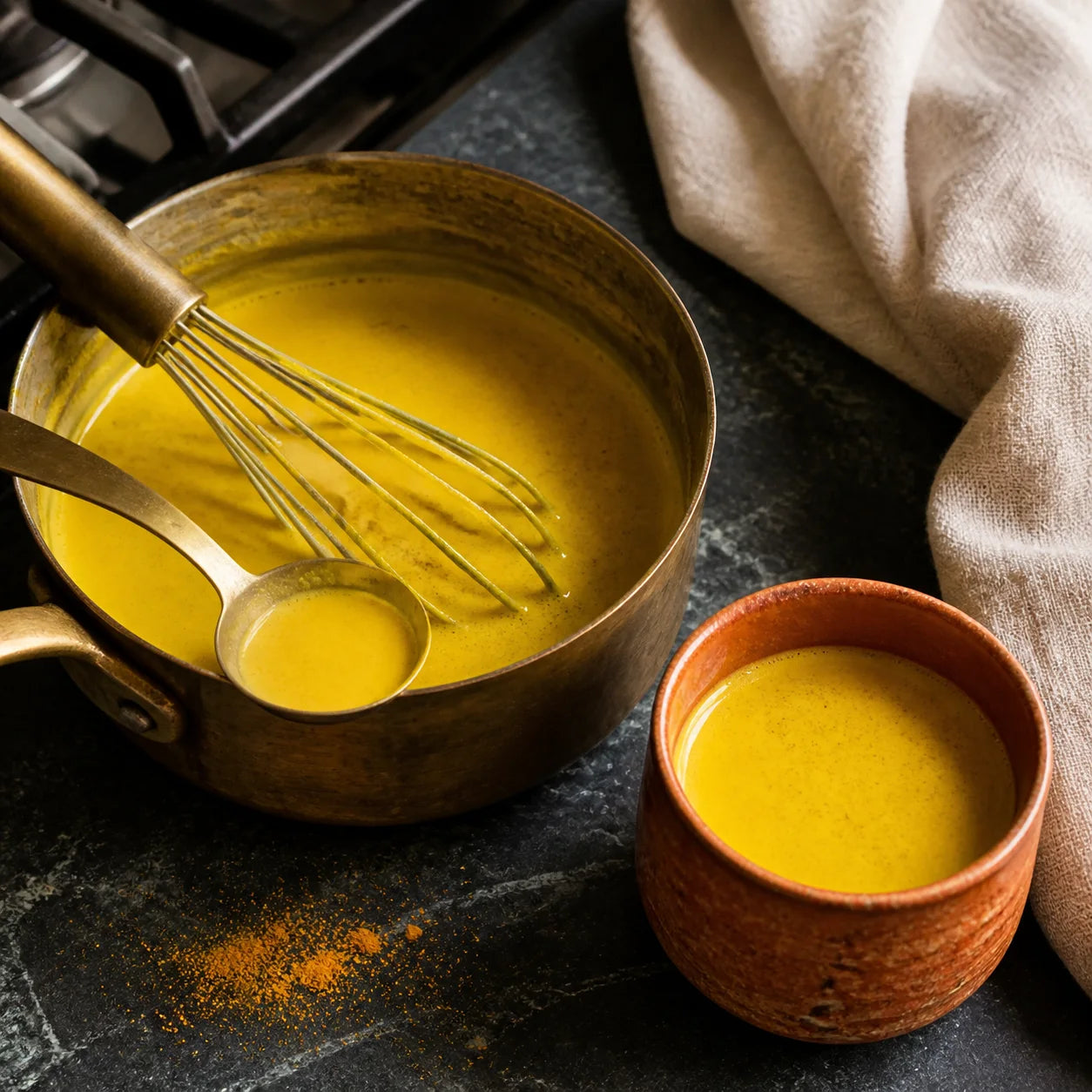 Leche dorada con cúrcuma, jengibre y canela de Ceilán en una taza de cerámica