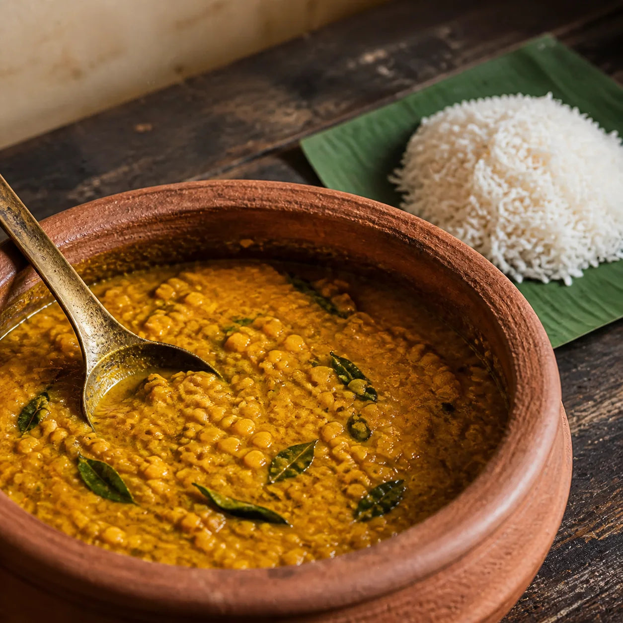 Dal de lentejas al estilo de Sri Lanka con arroz basmati y hojas de curry